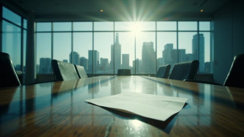 Corporate boardroom with rejection letter on polished table, city skyline view through windows, representing eBay's denial of GameStop's $55.5B bid