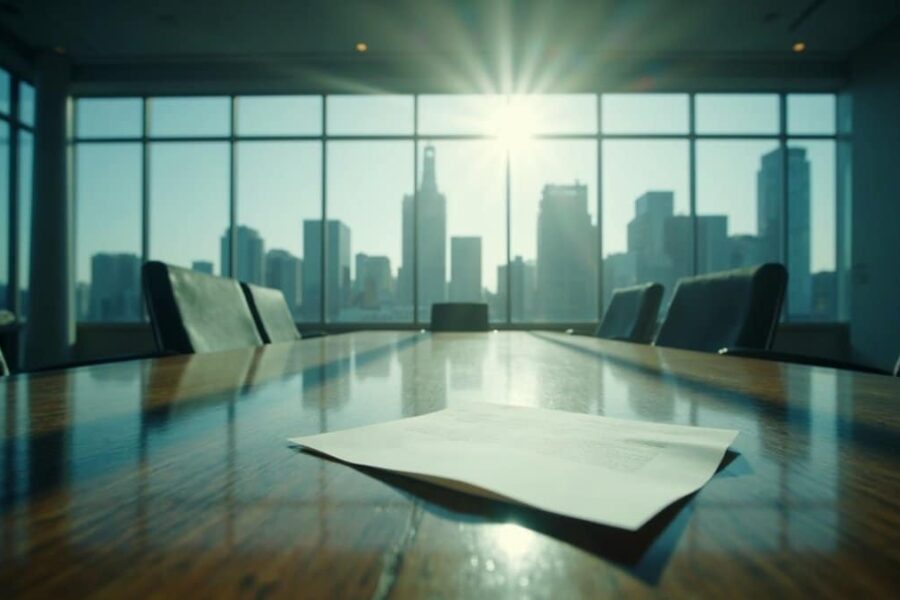 Corporate boardroom with rejection letter on polished table, city skyline view through windows, representing eBay's denial of GameStop's $55.5B bid