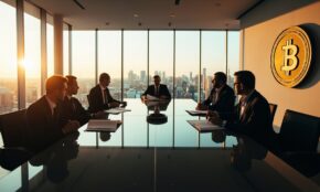 Luxembourg financial regulatory office with officials reviewing documents at conference table, city skyline visible through windows