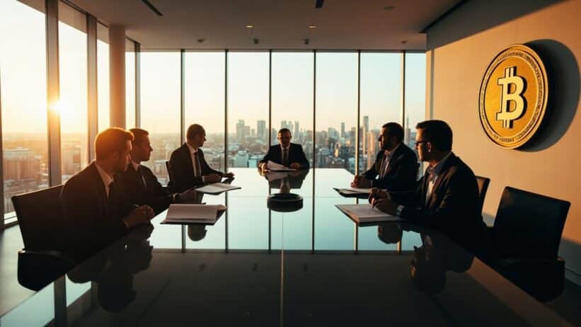 Luxembourg financial regulatory office with officials reviewing documents at conference table, city skyline visible through windows