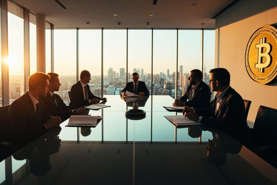 Luxembourg financial regulatory office with officials reviewing documents at conference table, city skyline visible through windows
