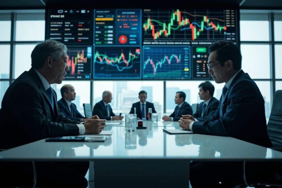 Korean business executives negotiating in modern boardroom with cryptocurrency trading charts on screens