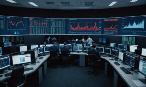 Financial trading floor with concerned traders viewing red declining charts on computer screens in dimly lit room