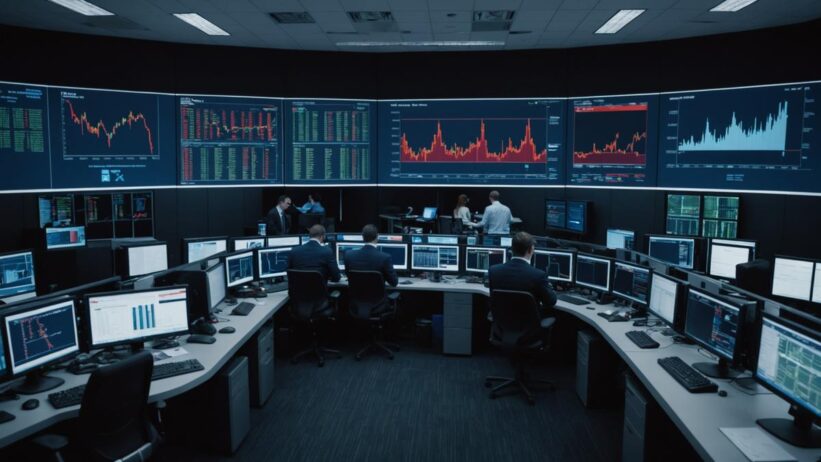 Financial trading floor with concerned traders viewing red declining charts on computer screens in dimly lit room