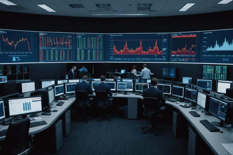 Financial trading floor with concerned traders viewing red declining charts on computer screens in dimly lit room