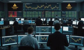 Traders on modern trading floor watching downward trending cryptocurrency charts on multiple screens with tense atmosphere