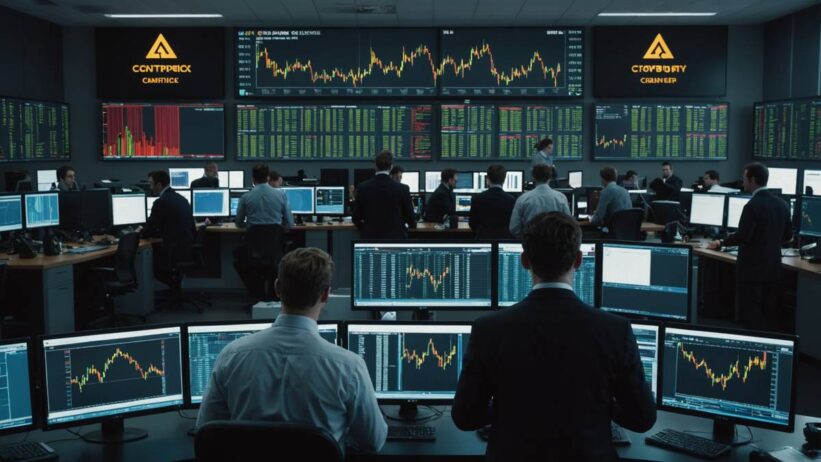Traders on modern trading floor watching downward trending cryptocurrency charts on multiple screens with tense atmosphere