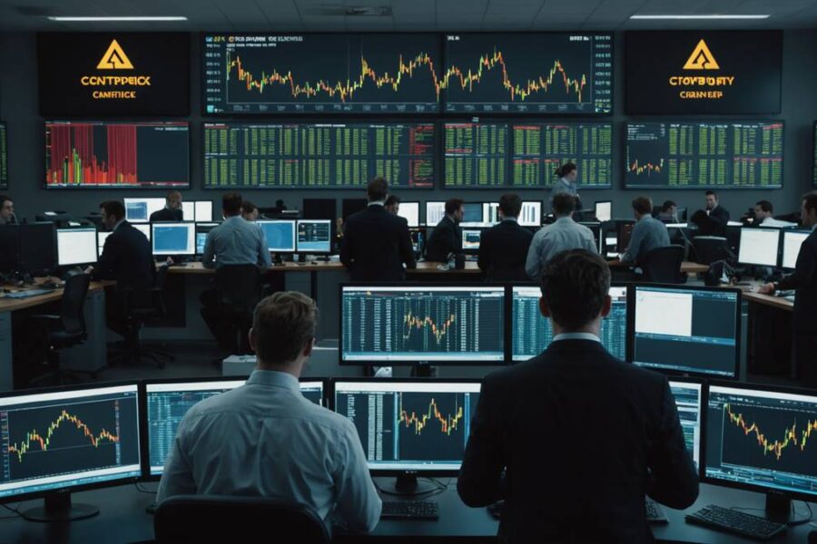 Traders on modern trading floor watching downward trending cryptocurrency charts on multiple screens with tense atmosphere