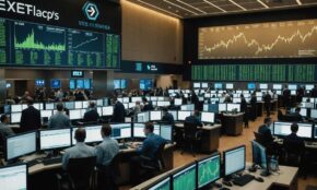 Stock exchange trading floor with traders viewing green upward trending graphs on digital displays showing tech sector gains