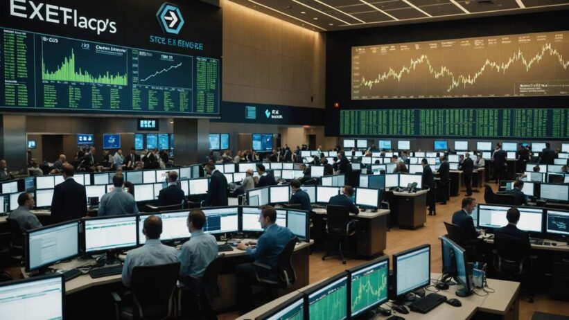 Stock exchange trading floor with traders viewing green upward trending graphs on digital displays showing tech sector gains