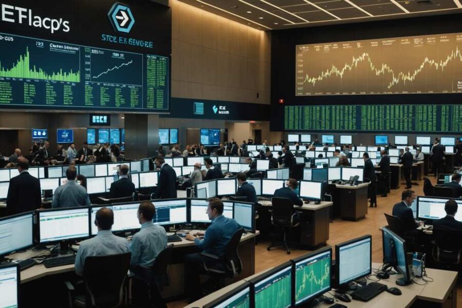 Stock exchange trading floor with traders viewing green upward trending graphs on digital displays showing tech sector gains