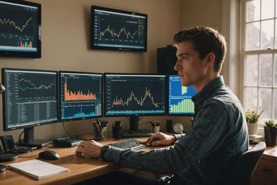 Young trader at home desk with multiple monitors showing financial charts and graphs during morning trading hours